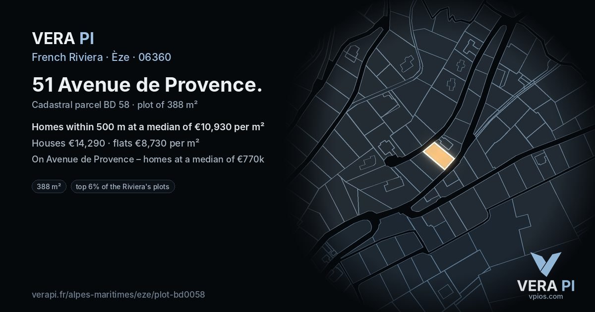 51 Avenue de Provence, Èze at night – the plot lit, the parcels around coloured by the prices near them