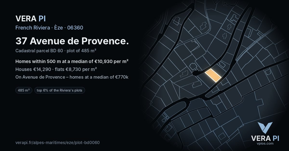 37 Avenue de Provence, Èze at night – the plot lit, the parcels around coloured by the prices near them