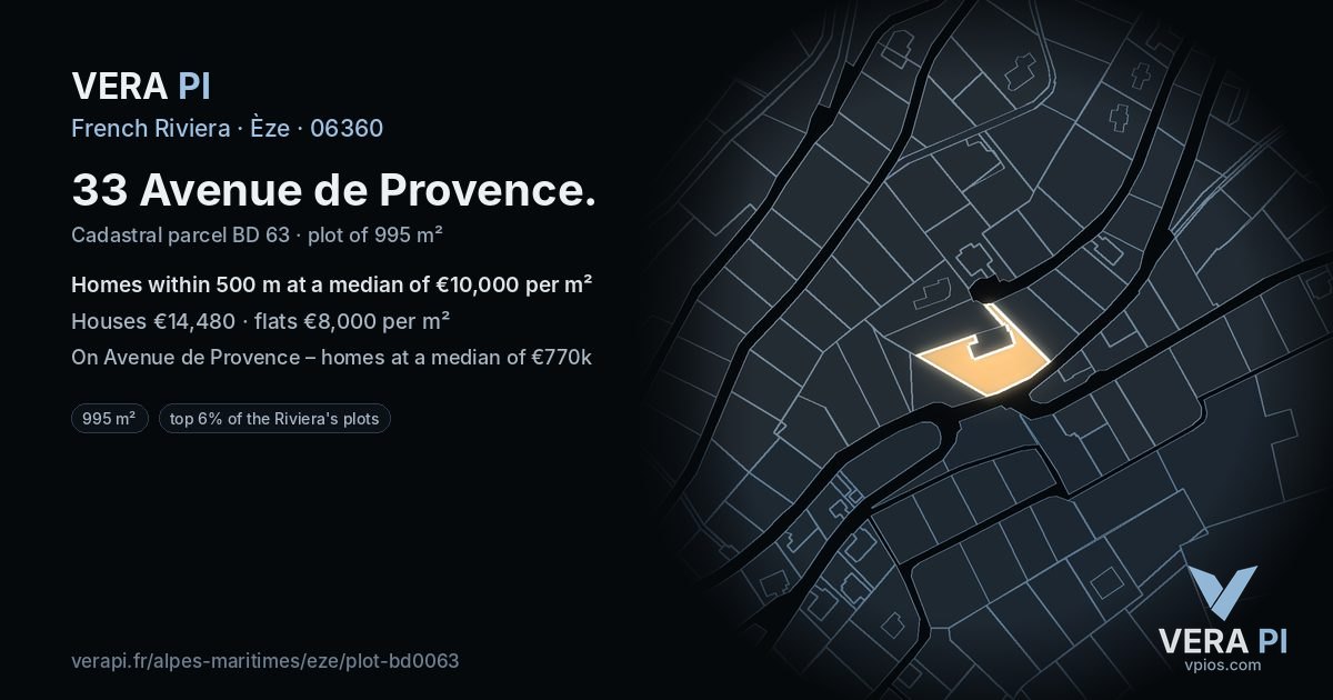 33 Avenue de Provence, Èze at night – the plot lit, the parcels around coloured by the prices near them