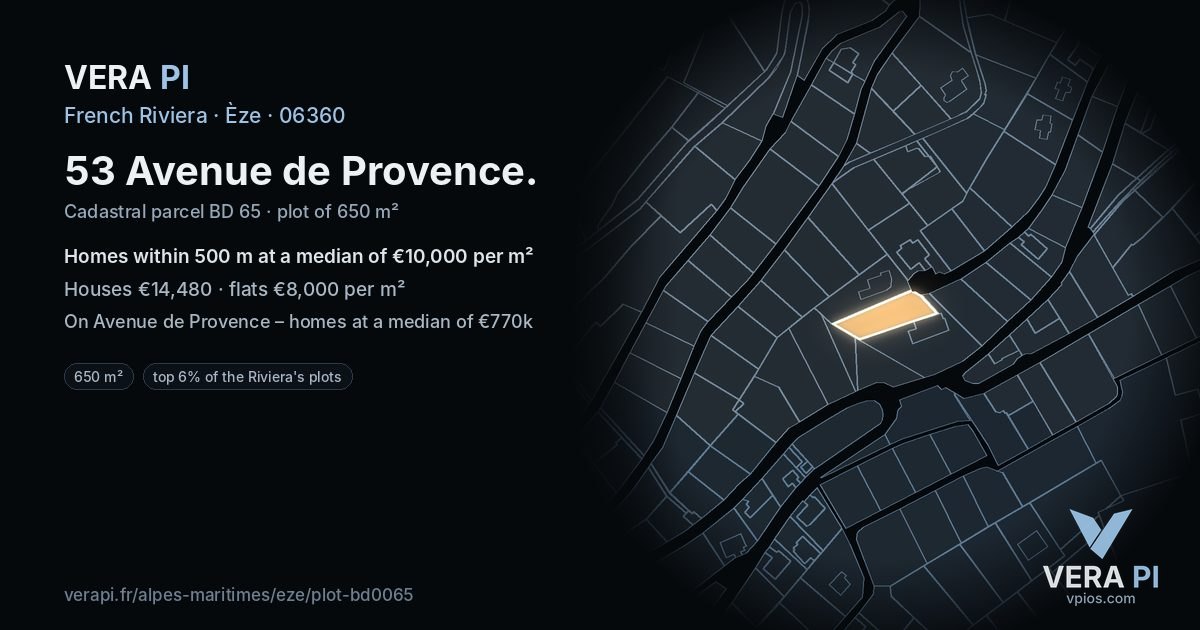 53 Avenue de Provence, Èze at night – the plot lit, the parcels around coloured by the prices near them