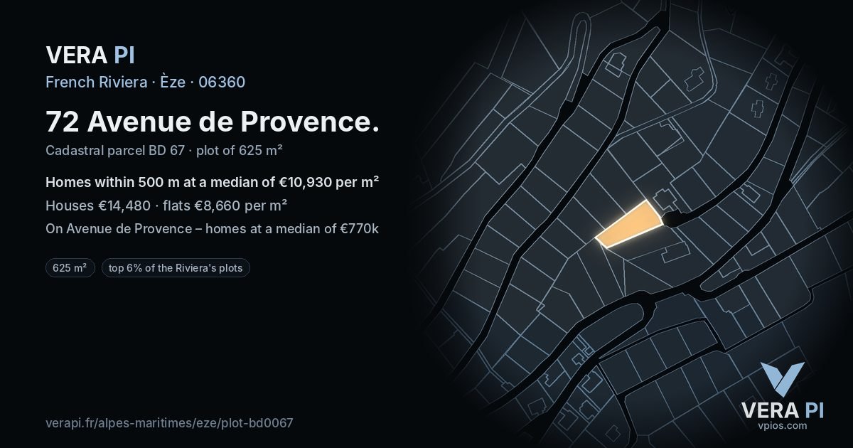 72 Avenue de Provence, Èze at night – the plot lit, the parcels around coloured by the prices near them