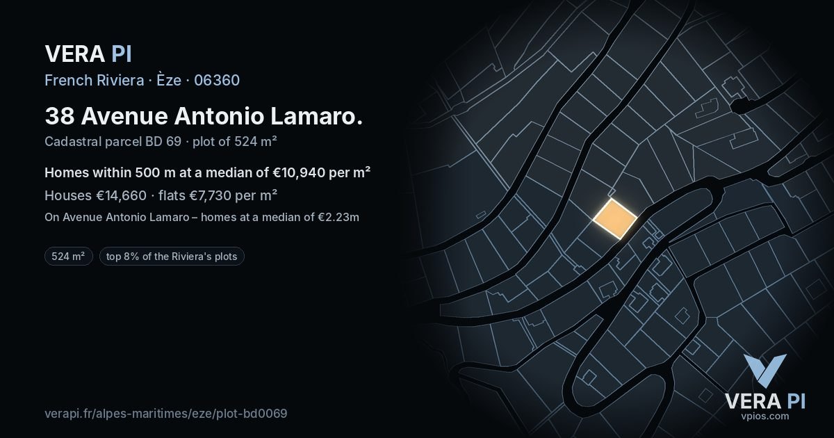 38 Avenue Antonio Lamaro, Èze at night – the plot lit, the parcels around coloured by the prices near them