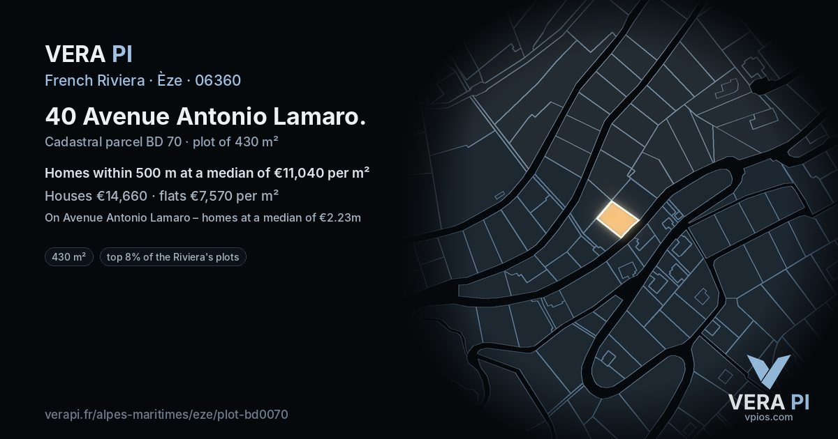40 Avenue Antonio Lamaro, Èze at night – the plot lit, the parcels around coloured by the prices near them