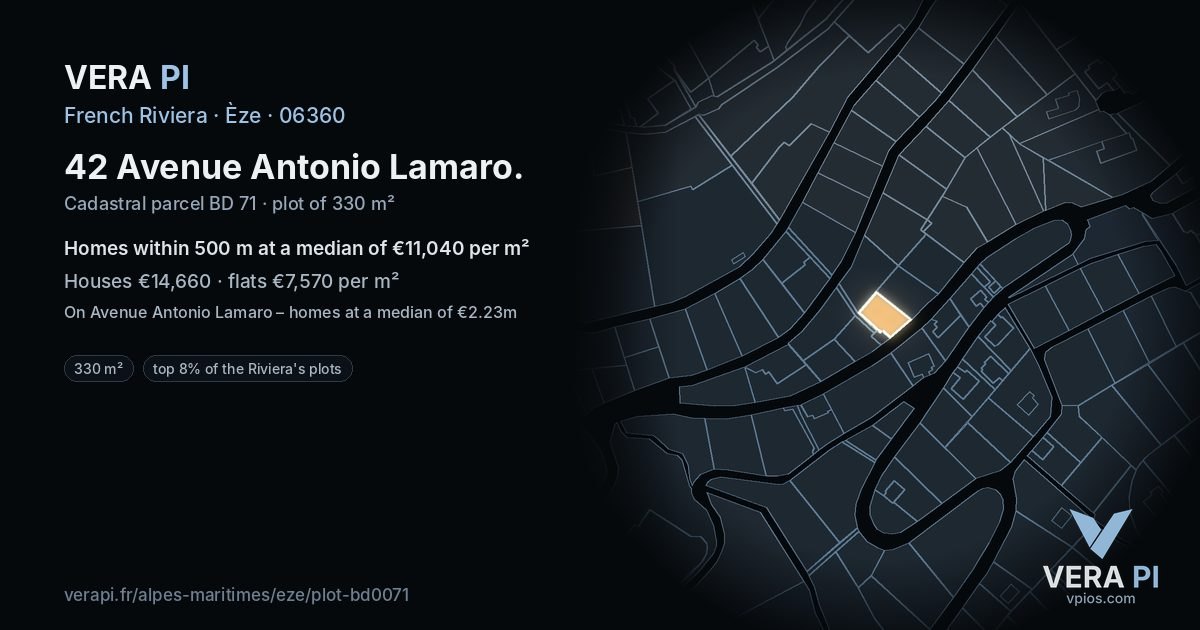 42 Avenue Antonio Lamaro, Èze at night – the plot lit, the parcels around coloured by the prices near them