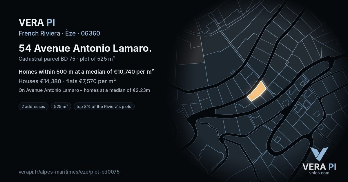 54 Avenue Antonio Lamaro, Èze at night – the plot lit, the parcels around coloured by the prices near them
