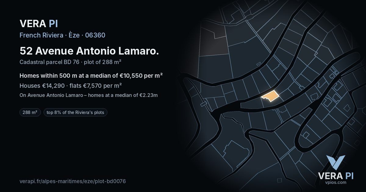 52 Avenue Antonio Lamaro, Èze at night – the plot lit, the parcels around coloured by the prices near them