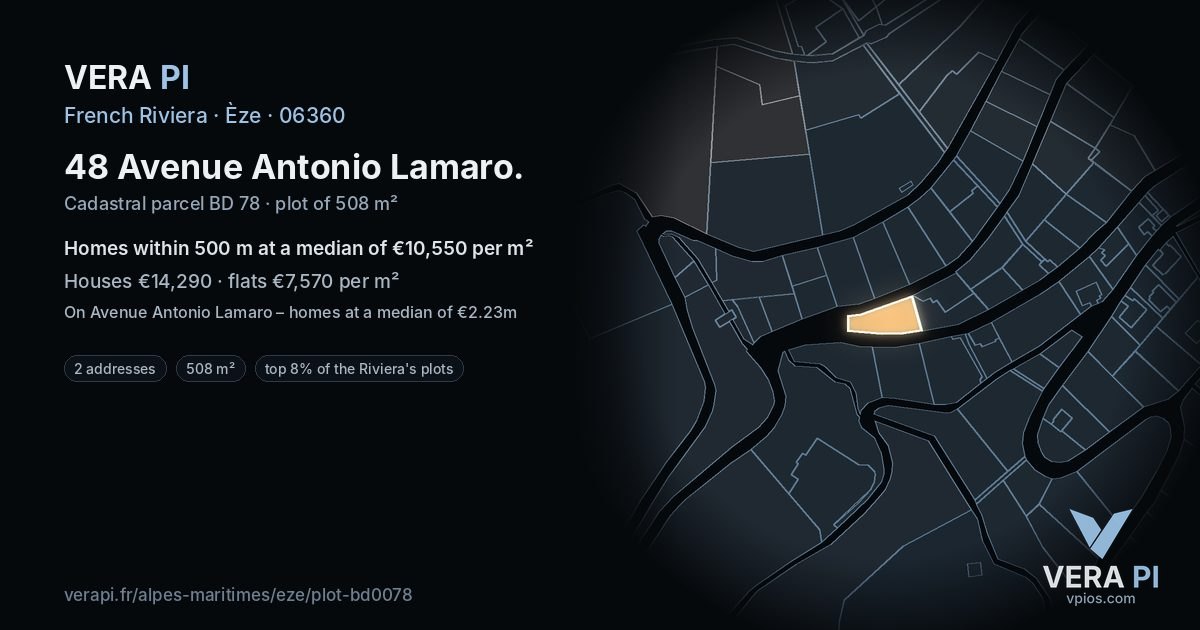 48 Avenue Antonio Lamaro, Èze at night – the plot lit, the parcels around coloured by the prices near them