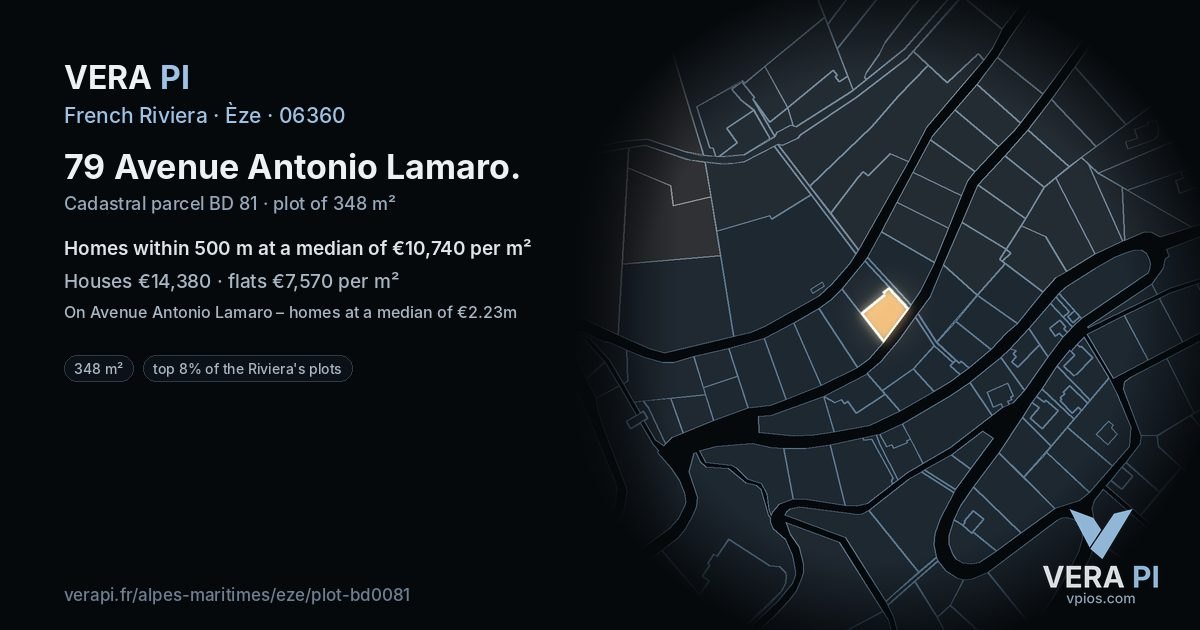 79 Avenue Antonio Lamaro, Èze at night – the plot lit, the parcels around coloured by the prices near them