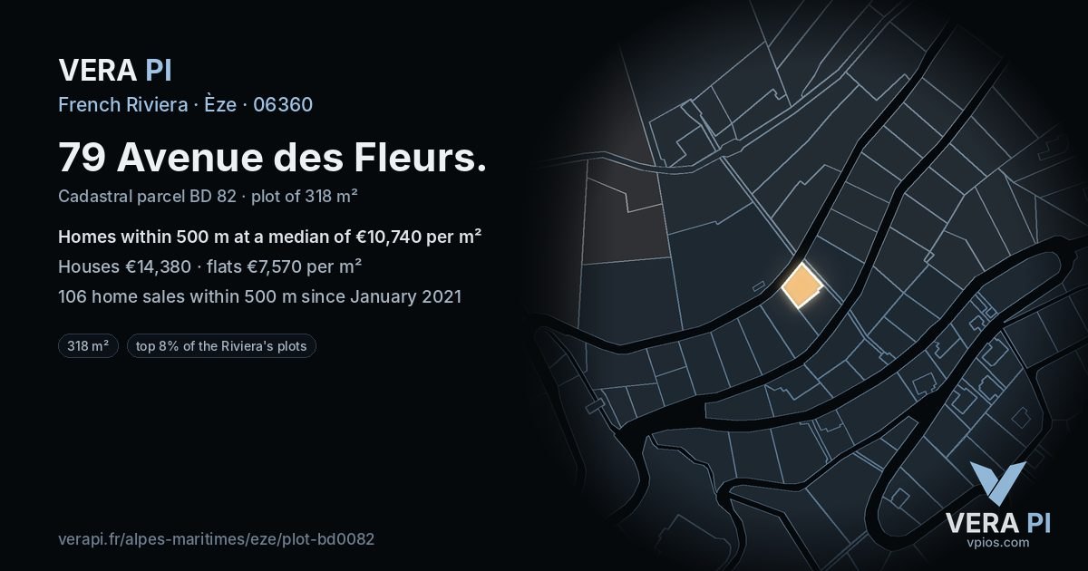79 Avenue des Fleurs, Èze at night – the plot lit, the parcels around coloured by the prices near them
