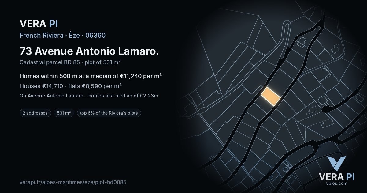 73 Avenue Antonio Lamaro, Èze at night – the plot lit, the parcels around coloured by the prices near them