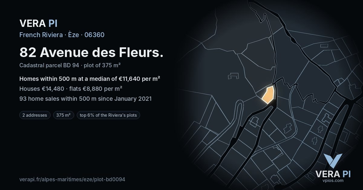 82 Avenue des Fleurs, Èze at night – the plot lit, the parcels around coloured by the prices near them