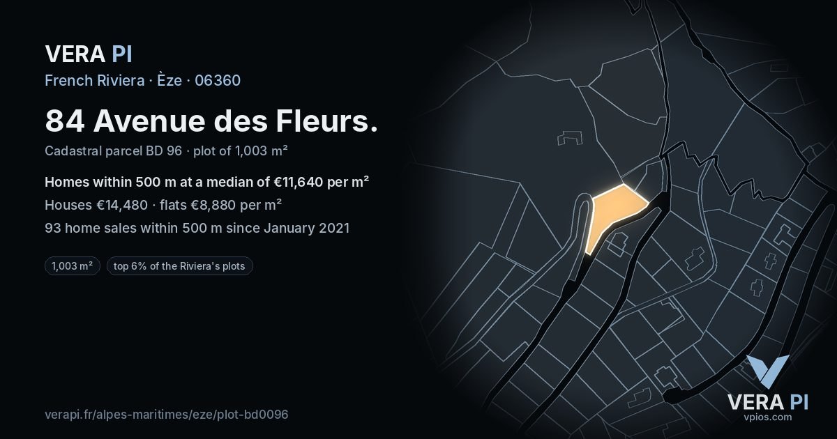 84 Avenue des Fleurs, Èze at night – the plot lit, the parcels around coloured by the prices near them