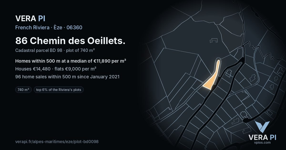 86 Chemin des Oeillets, Èze at night – the plot lit, the parcels around coloured by the prices near them