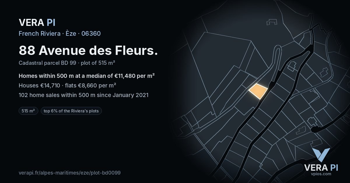 88 Avenue des Fleurs, Èze at night – the plot lit, the parcels around coloured by the prices near them
