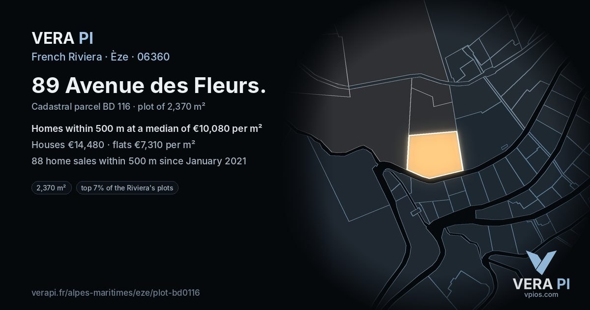 89 Avenue des Fleurs, Èze at night – the plot lit, the parcels around coloured by the prices near them