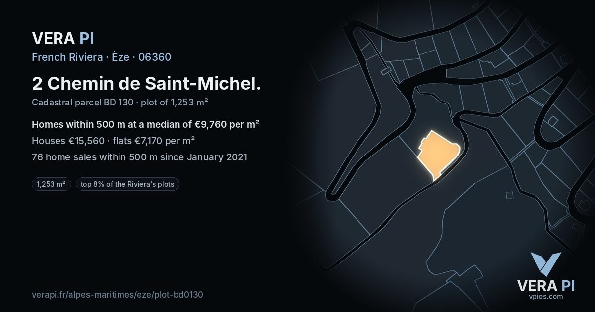2 Chemin de Saint-Michel, Èze at night – the plot lit, the parcels around coloured by the prices near them
