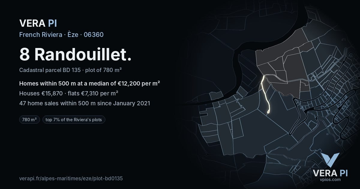 8 Randouillet, Èze at night – the plot lit, the parcels around coloured by the prices near them