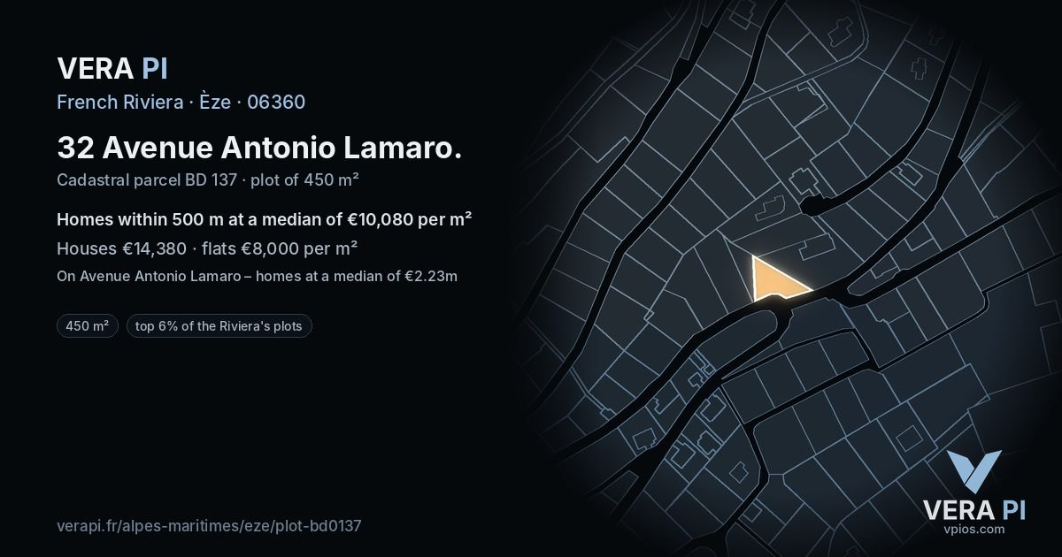 32 Avenue Antonio Lamaro, Èze at night – the plot lit, the parcels around coloured by the prices near them