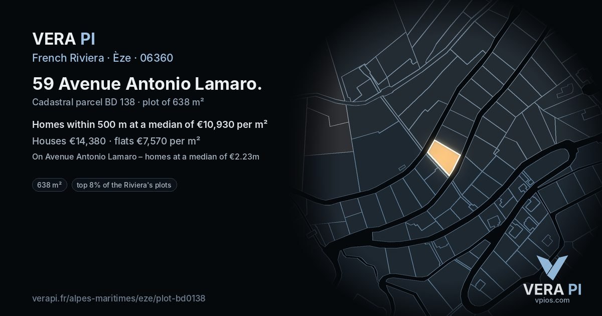 59 Avenue Antonio Lamaro, Èze at night – the plot lit, the parcels around coloured by the prices near them