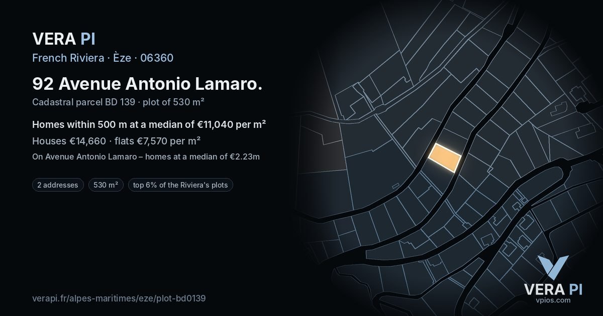 92 Avenue Antonio Lamaro, Èze at night – the plot lit, the parcels around coloured by the prices near them