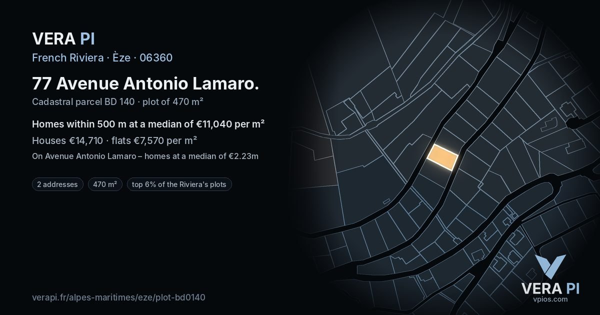 77 Avenue Antonio Lamaro, Èze at night – the plot lit, the parcels around coloured by the prices near them