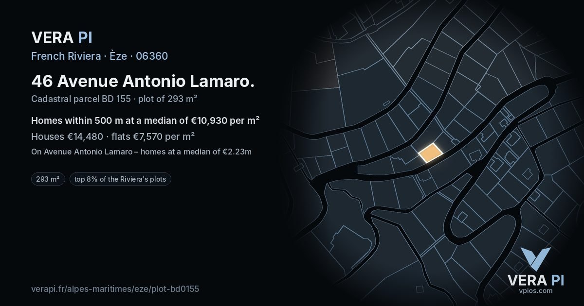 46 Avenue Antonio Lamaro, Èze at night – the plot lit, the parcels around coloured by the prices near them