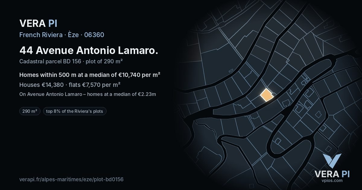 44 Avenue Antonio Lamaro, Èze at night – the plot lit, the parcels around coloured by the prices near them