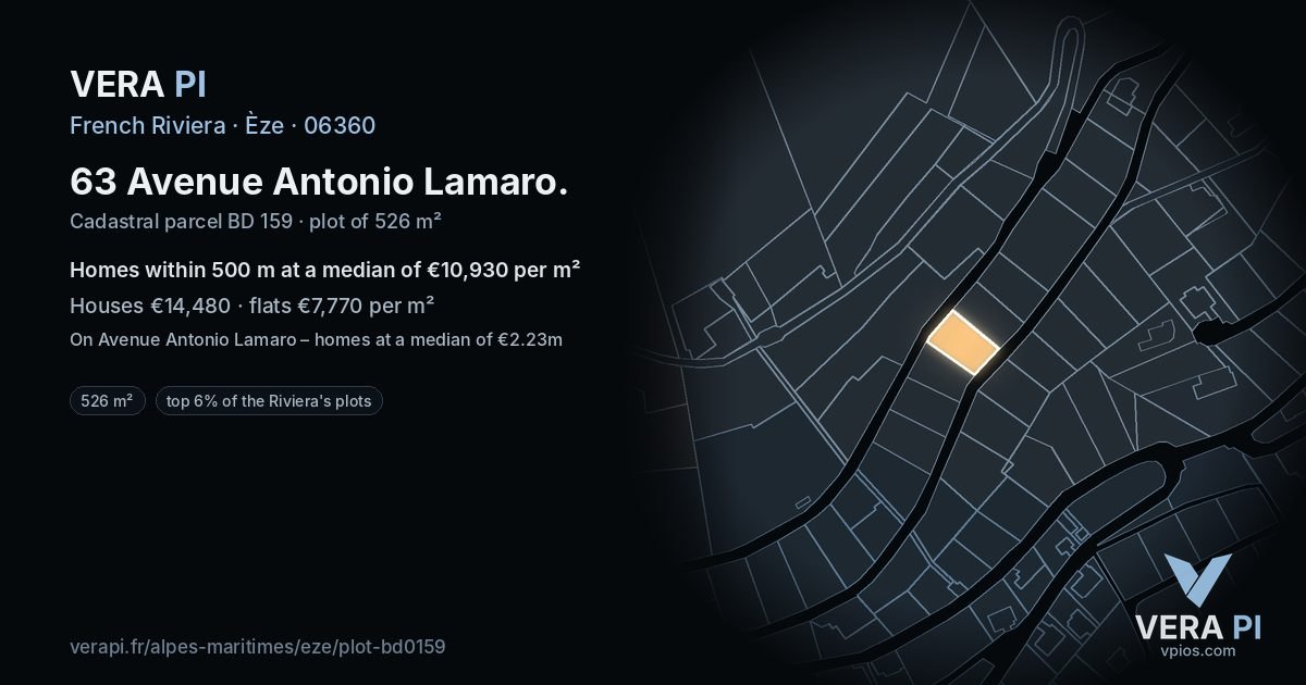 63 Avenue Antonio Lamaro, Èze at night – the plot lit, the parcels around coloured by the prices near them