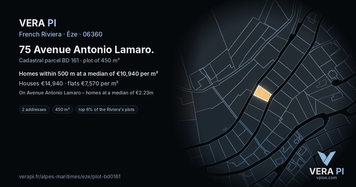 75 Avenue Antonio Lamaro, Èze at night – the plot lit, the parcels around coloured by the prices near them
