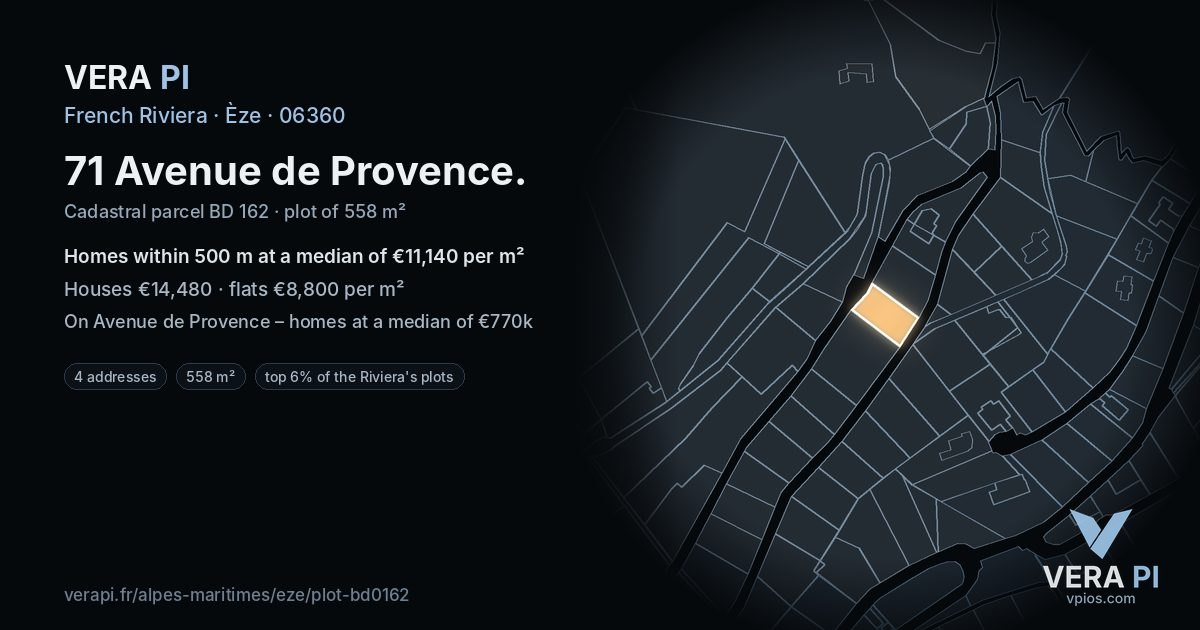 71 Avenue de Provence, Èze at night – the plot lit, the parcels around coloured by the prices near them
