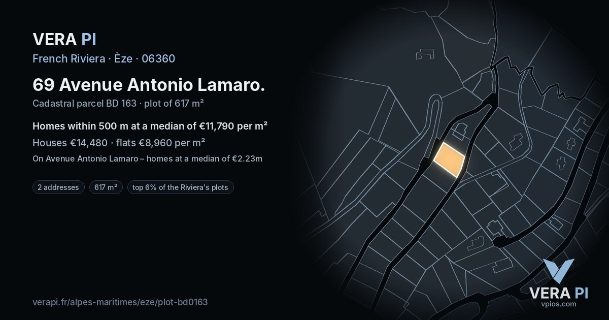 69 Avenue Antonio Lamaro, Èze at night – the plot lit, the parcels around coloured by the prices near them