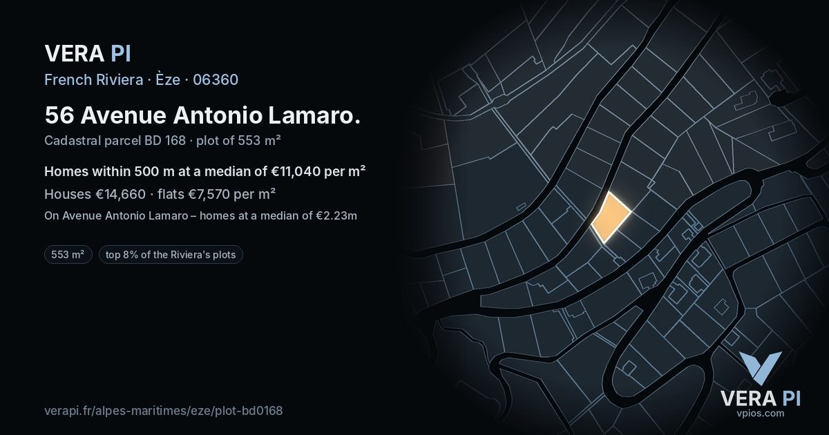 56 Avenue Antonio Lamaro, Èze at night – the plot lit, the parcels around coloured by the prices near them