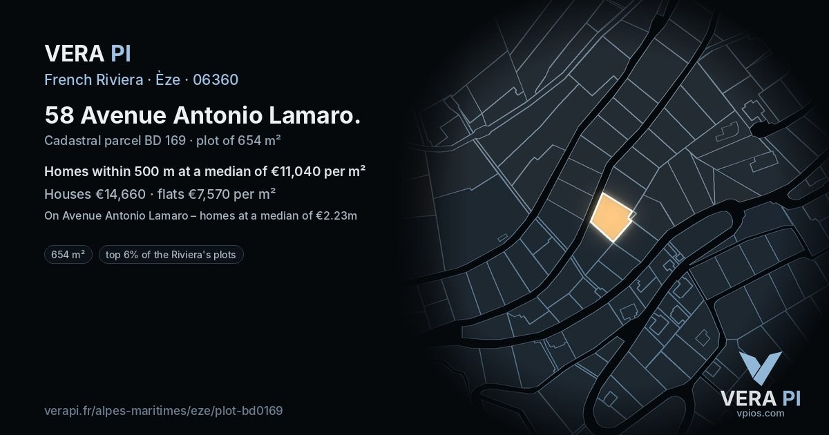 58 Avenue Antonio Lamaro, Èze at night – the plot lit, the parcels around coloured by the prices near them