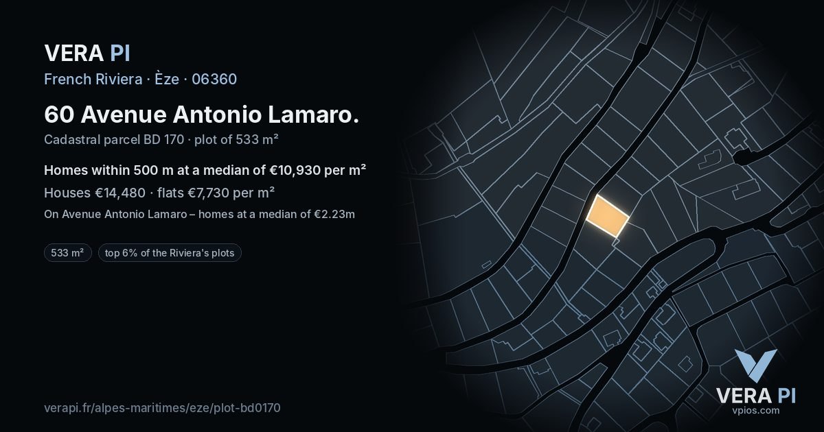 60 Avenue Antonio Lamaro, Èze at night – the plot lit, the parcels around coloured by the prices near them