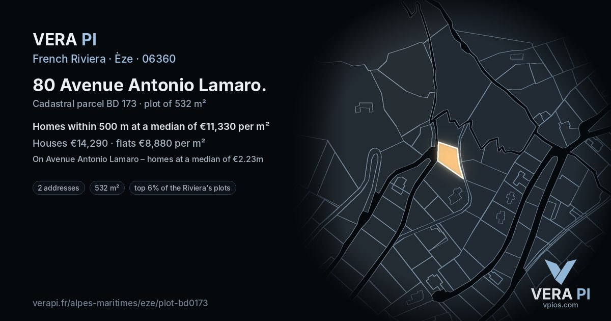 80 Avenue Antonio Lamaro, Èze at night – the plot lit, the parcels around coloured by the prices near them
