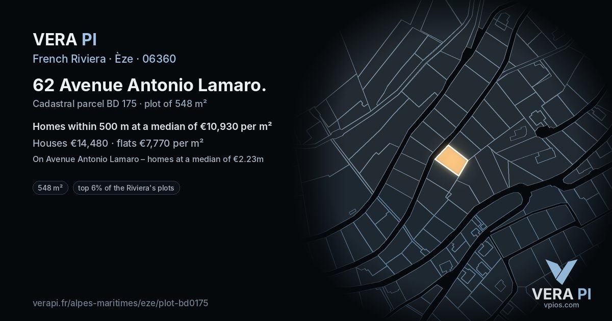 62 Avenue Antonio Lamaro, Èze at night – the plot lit, the parcels around coloured by the prices near them