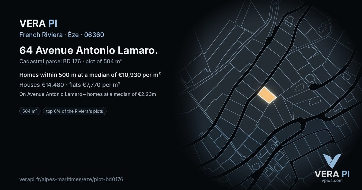 64 Avenue Antonio Lamaro, Èze at night – the plot lit, the parcels around coloured by the prices near them