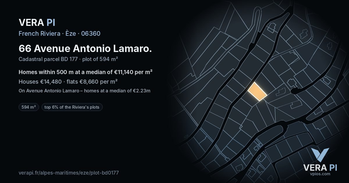 66 Avenue Antonio Lamaro, Èze at night – the plot lit, the parcels around coloured by the prices near them