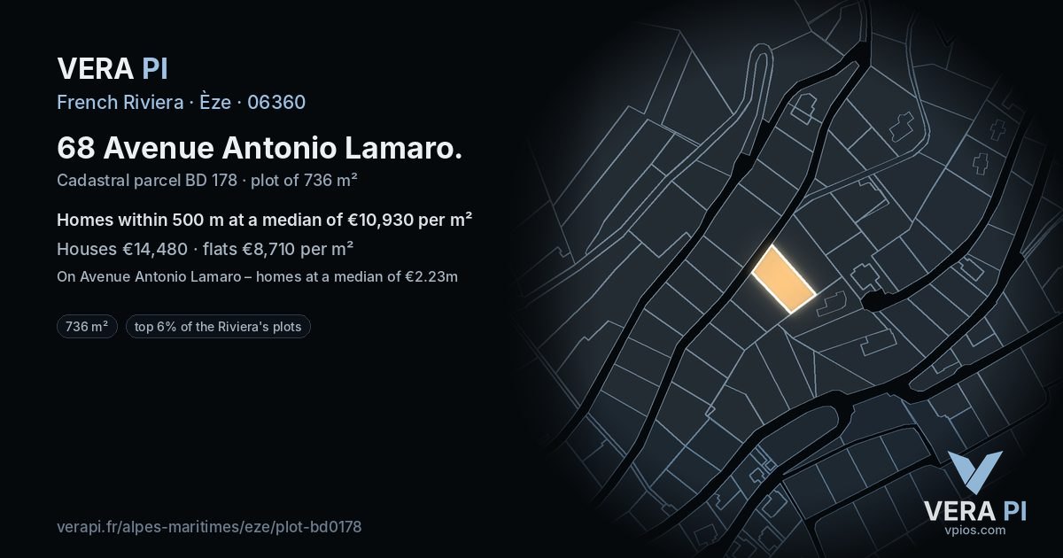 68 Avenue Antonio Lamaro, Èze at night – the plot lit, the parcels around coloured by the prices near them