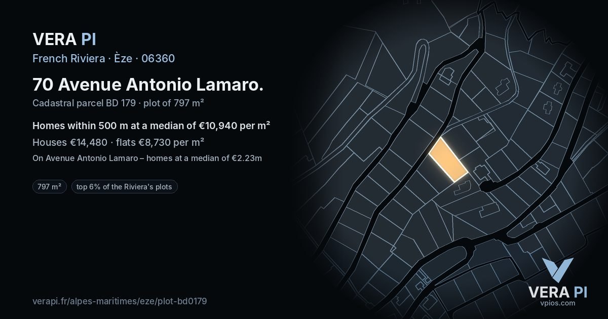 70 Avenue Antonio Lamaro, Èze at night – the plot lit, the parcels around coloured by the prices near them