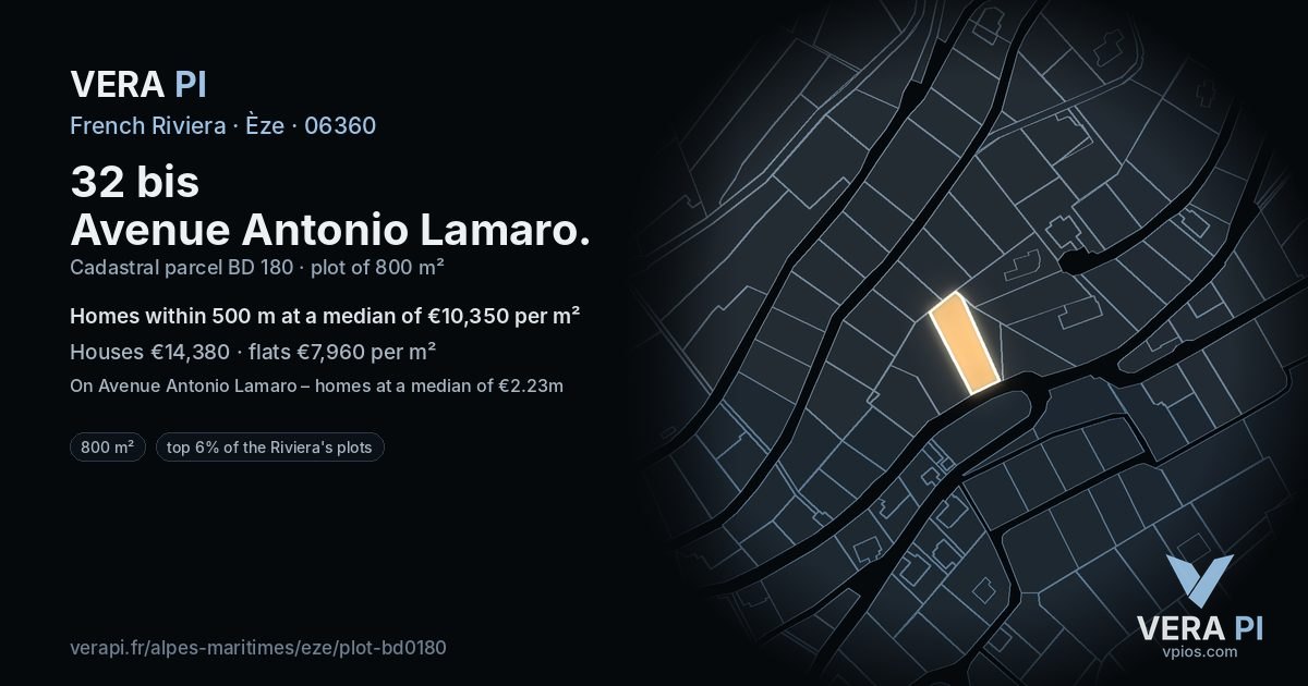 32 bis Avenue Antonio Lamaro, Èze at night – the plot lit, the parcels around coloured by the prices near them