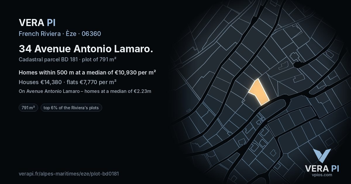 34 Avenue Antonio Lamaro, Èze at night – the plot lit, the parcels around coloured by the prices near them