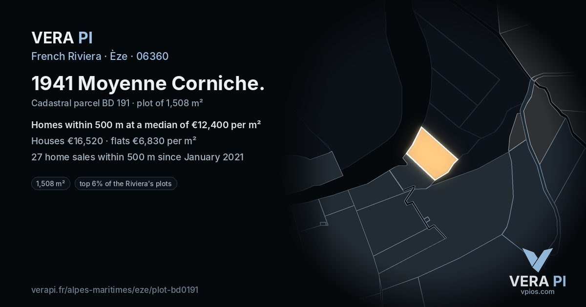 1941 Moyenne Corniche, Èze at night – the plot lit, the parcels around coloured by the prices near them