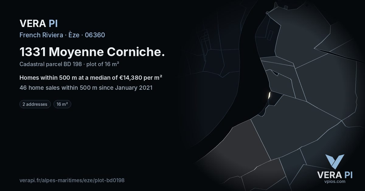 1331 Moyenne Corniche, Èze at night – the plot lit, the parcels around coloured by the prices near them