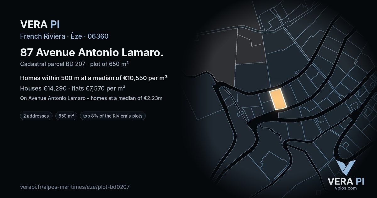 87 Avenue Antonio Lamaro, Èze at night – the plot lit, the parcels around coloured by the prices near them