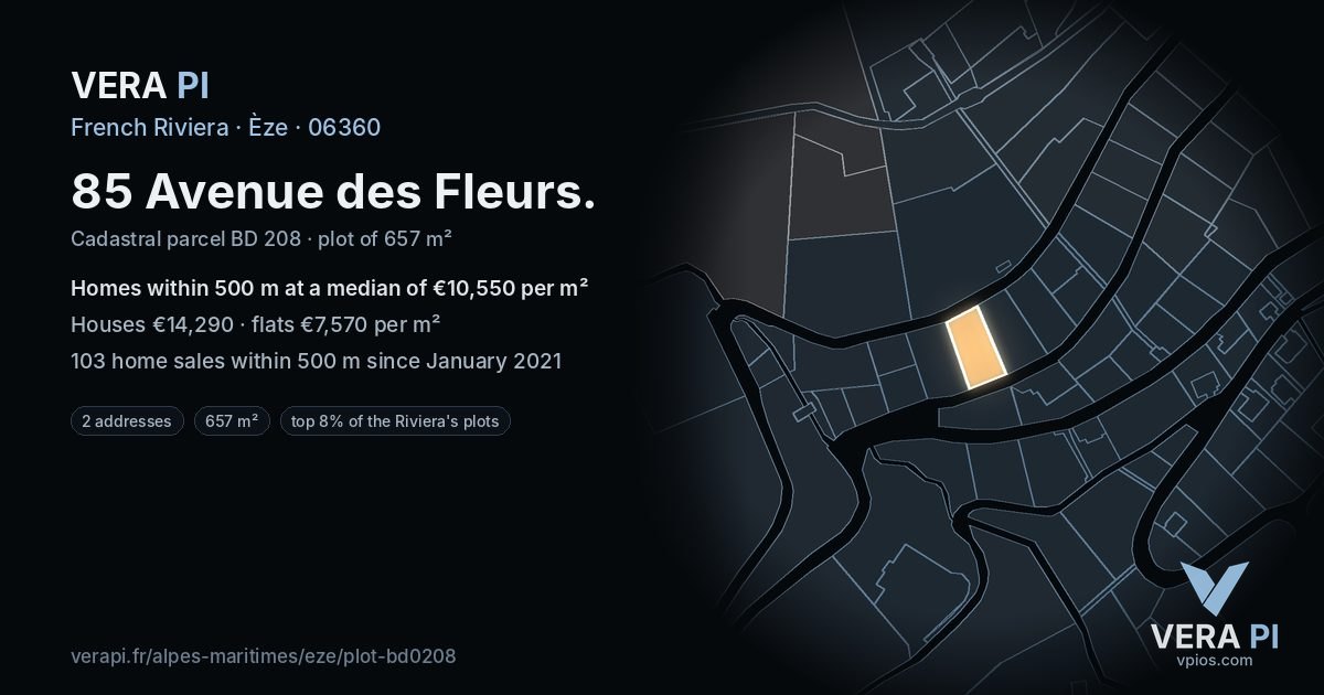 85 Avenue des Fleurs, Èze at night – the plot lit, the parcels around coloured by the prices near them