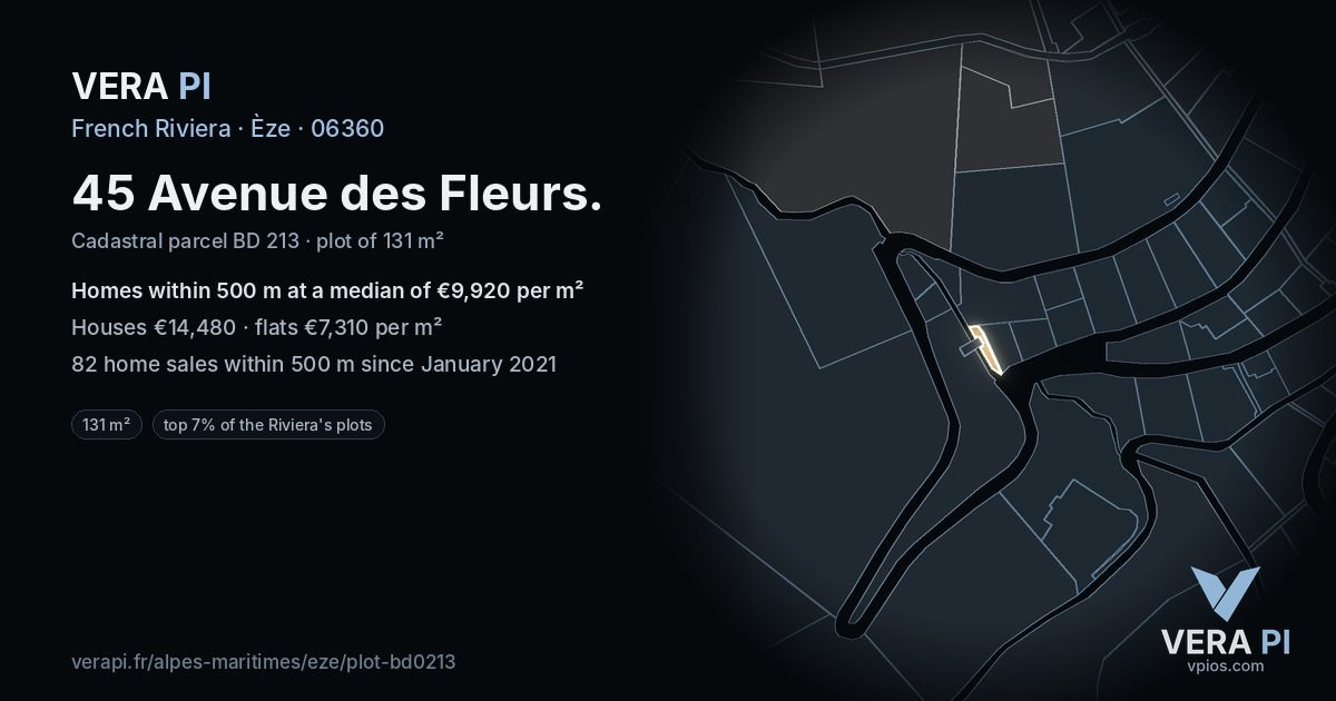 45 Avenue des Fleurs, Èze at night – the plot lit, the parcels around coloured by the prices near them