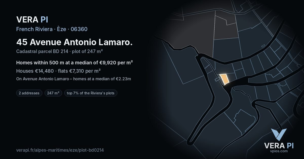 45 Avenue Antonio Lamaro, Èze at night – the plot lit, the parcels around coloured by the prices near them