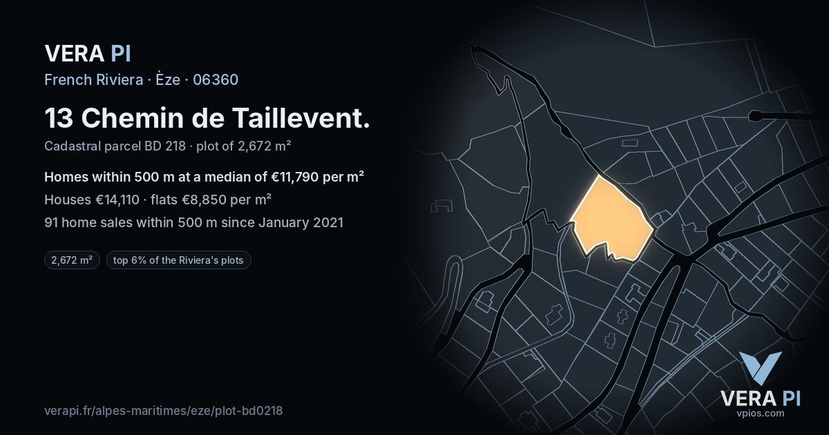 13 Chemin de Taillevent, Èze at night – the plot lit, the parcels around coloured by the prices near them