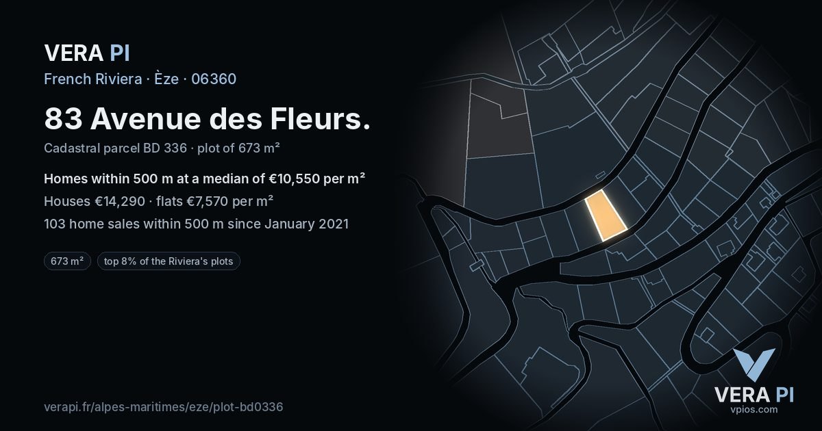 83 Avenue des Fleurs, Èze at night – the plot lit, the parcels around coloured by the prices near them
